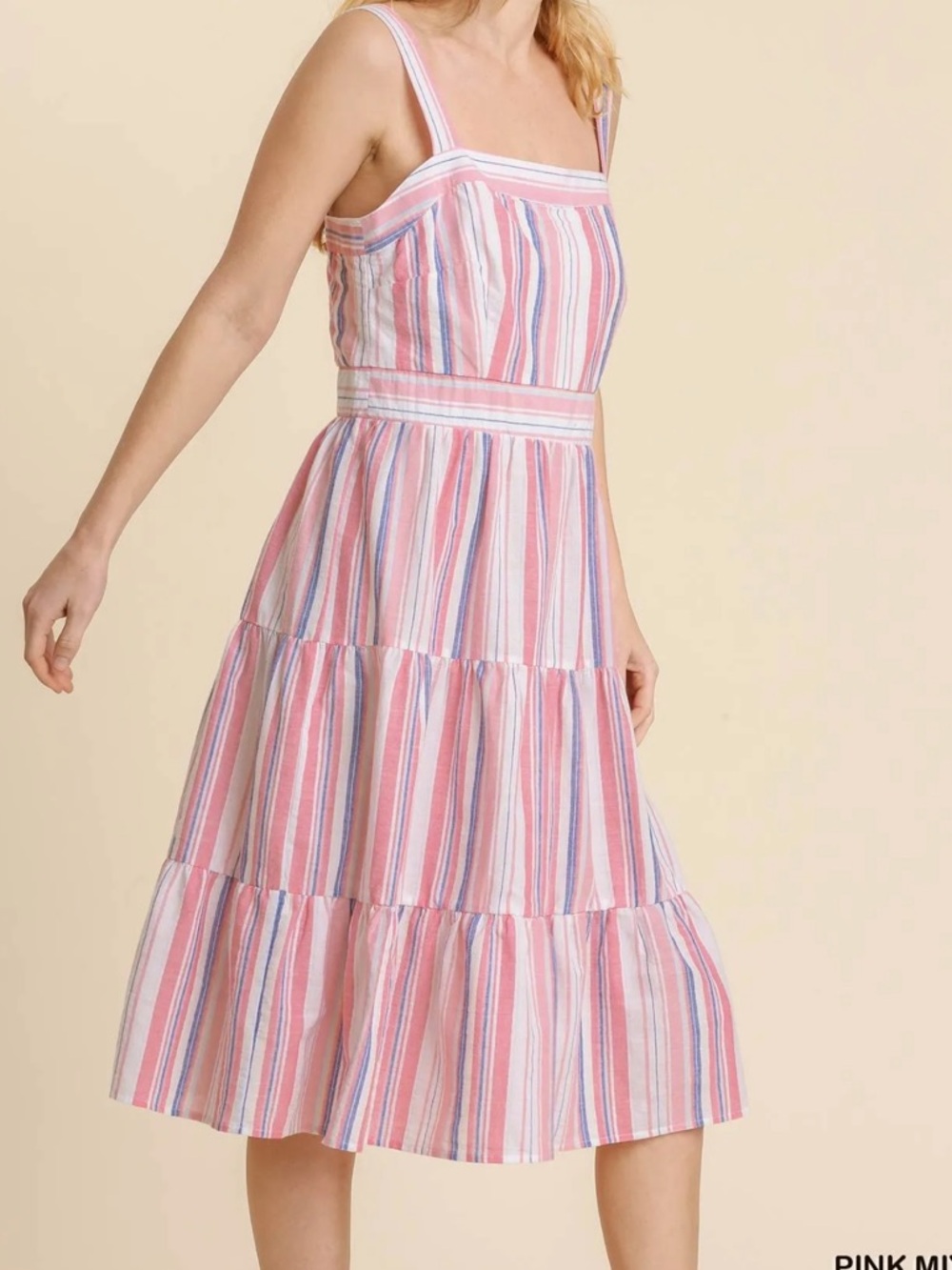 Umgee NWT Striped Midi Dress Tiered Ruffles Square Neck